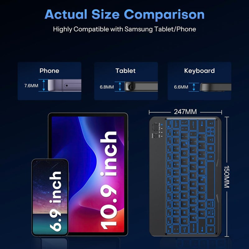 Omoton Bluetooth Keyboard for Tablet/Android/Windows/iOS, with 7 Colors Backlight Rechargeable Wireless Mini Keyboard for Galaxy Tab A9+ / S9 FE / S10 / S11 / A11 Series etc, Black - Image 5